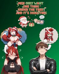 absurdres ai_art bikini bikini_bottom bikini_top black_hair bomba_(bombalurina) breasts brown_hair chibi closed_eyes coin drool embarrassed fate_(series) femsub fox_ears fox_girl fox_tail humor kneeling large_breasts meme multicolored_eyes nipples original pendulum pov red_hair regulus_(rule_of_thetra) rule_of_thetra_(generator) rule_of_thetra_(manipper) santa_costume santa_hat simple_background spiral_eyes stable_diffusion_(ai) thought_bubble tongue tongue_out