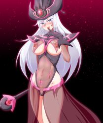 abs blush breasts corruption crotch_tattoo danpu erect_nipples femsub hat large_breasts long_hair looking_at_viewer magic_wand midriff see-through silent_magician solo tattoo tongue tongue_out white_hair yu-gi-oh!