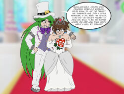 alternate_costume alzul-blue angel angel_boy bare_shoulders blue_eyes blush bowser brown_hair ciganda clothed crossdressing crossover crown dialogue earrings english_text femdom femsub glowing_eyes goddess green_eyes green_hair hand_on_hip hat heterosexual kid_icarus maledom malesub nintendo palutena pants piranha_plant pit princess_peach red_eyes shoes short_hair shrunken_irises smile speech_bubble story suit super_mario_bros. super_smash_bros. text top_hat very_long_hair wedding_dress