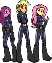 alternate_hairstyle applejack arms_behind_back blonde_hair bodysuit boots corruption dinaranger femsub fluttershy freckles gloves harem latex long_hair looking_at_viewer multiple_girls my_little_pony personification pink_hair pinkie_pie shennanigma