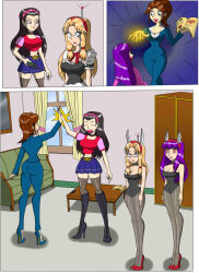 anabel_(mexigojira) ass black_hair blonde_hair brown_hair bunny_ears bunnysuit carlosfco comic empty_eyes fembot julia_(carlosfco) kigi_(carlosfco) large_breasts magic original purple_hair sabrine_(mexigojira) spiral_eyes tech_control