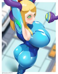  armpits arms_above_head ass blonde_hair blush border complex_background deepspaceart female_only femsub hourglass_figure huge_breasts hypnotic_eyes hypnotic_tentacle kaa_eyes large_ass long_hair metroid_(series) nintendo restrained samus_aran solo tentacles tight_clothing zero_suit 