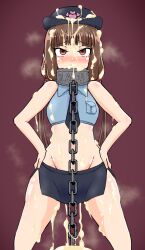  absurdres after_sex altered_common_sense blush breasts brown_eyes brown_hair bukkake chains collar crop_top cum cum_in_mouth cum_in_pussy cum_on_body cum_on_clothes cum_on_face cum_on_hair empty_eyes femsub hat iino_miko kaguya-sama_love_is_war long_hair looking_at_viewer maledom midriff miniskirt open_mouth police_uniform policewoman siasia small_breasts unaware 