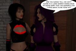  3d amaryst_(theheckle) black_hair breasts costume dialogue female_only kisstress_(theheckle) large_breasts latex midriff original purple_hair text theheckle 