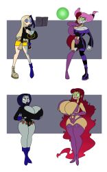  absurdres alternate_costume alternate_hair_color alternate_hairstyle bimbofication book breast_expansion breasts cleavage dc_comics drool expressionless female_only femsub groping happy_trance huge_breasts hypnotic_orb identity_swap jinx lipstick lordebonfuze raven sequence spiral_eyes starfire super_hero symbol_in_eyes teen_titans terra transformation unhappy_trance 
