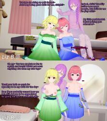  3d bare_shoulders blonde_hair braid clothed_exposure dazed dialogue dollification dress drool empty_eyes english_text exposed_chest femdom femsub glasses happy_trance julie_(liz_b) koikatsu! latina liz_(liz_b) liz_b mole multiple_girls multiple_subs nail_polish orange_eyes original pink_eyes pink_hair pocket_watch purple_hair smile standing_at_attention sweater text willow_(liz_b) 
