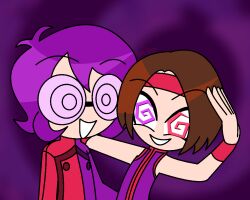 bandana brown_hair clothed glass glasses happy_trance headband hypno-scream_(hypnoscream) hypnoscream male_only maledom malesub multiple_boys original psycho_soldier purple_background purple_hair short_hair sie_kensou smile spiralwash_eyes tagme