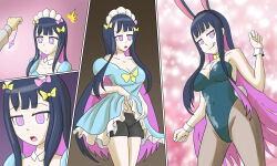 blue_hair bunny_ears bunny_girl bunnysuit character_request comic dress femsub happy_trance long_hair mythkaz pendulum purple_eyes undressing world_flipper