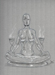 bald breasts dreampaintloon drool female_only femsub halloween human_furniture inanimate_object large_breasts latex original rubber sketch statue