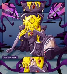 alternate_costume blonde_hair clothed corruption dress earrings english_text evil_smile eye_color_change female_only femdom femsub gloves happy_trance jewelry leaning_forward lipstick nintendo opera_gloves paper_mario paper_mario:_the_thousand_year_door possession princess princess_peach purple_lipstick queen red_eyes royalty shadow_queen sitting smile super_mario_bros. tagme tentacles text thiccncute thick_thighs thighhighs thighs transformation very_long_hair