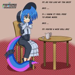  blue_hair dez_the_salandit dollification empty_eyes femsub idpet nintendo original personification pokemon smile tail text 