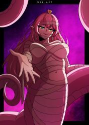 breasts coils female_only femdom halloween hypnotic_eyes kaa_eyes looking_at_viewer lostinspirals mummy orkart pink_hair smile snake_girl solo spiral_eyes tail