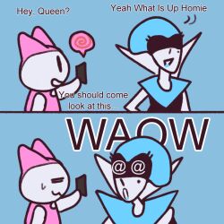  androgynous androgynous_dom blue_background comic deltarune english_text femsub humor hypnotic_screen no_eyes open_mouth pinkclover plugboy_(deltarune) queen_(deltarune) simple_background smile spiral spiral_eyes standing surprised symbol_in_eyes tech_control text 