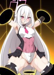  alice_(blue_archive) armpits blue_archive blush breasts corruption daikyo96 decagrammaton enemy_conversion femsub hairband long_hair red_eyes restrained thighs tight_clothing transformation very_long_hair white_hair 