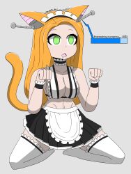  absurdres antenna bikini_top breasts cat_ears cat_girl cat_pose cat_tail choker cleavage cuffs drool earbuds empty_eyes expressionless fangs female_only femsub frills kneeling large_breasts long_hair maid maid_headdress midriff navel open_mouth orange_hair original short_skirt sideboob simple_background skirt sobergin solo tail tech_control text thick_thighs thighhighs thighs 