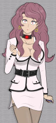  absurdres belt black_clover cleavage clothed collar collarbone earrings empty_eyes expressionless female_only femsub glowing hy2300 hypnotic_accessory large_breasts lipstick long_hair long_nails nail_polish red_eyes red_lipstick shrunken_irises simple_background skirt solo standing tagme thighhighs vanessa_enoteca 