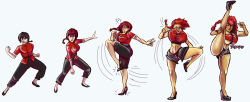  absurdres before_and_after bimbofication black_hair blue_eyes blush breast_expansion breasts comic dark_skin erect_nipples femsub high_heels inflation large_breasts martial_arts_uniform ponytail ranma_1/2 ranma_saotome red_hair short_shorts sketch spread_legs standing_split text traditional trampy_hime transformation yoga 