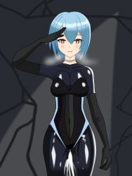 absurdres aoi_(shuxshun) blue_hair bodysuit breasts breath brown_eyes choker cleavage empty_eyes female_only femsub gloves heart_eyes latex leotard opera_gloves original pussy_juice rubber saluting short_hair shuxshun smile solo squirting standing standing_at_attention tight_clothing