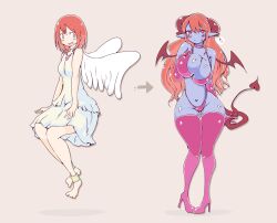 angel angel_girl bat_wings before_and_after bikini blue_skin blush boots corruption demon_girl dress gloves happy_trance high_heels horns monster_girl original red_hair spring tail thigh_boots wings