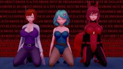  3d animal_ears anno_(anno) antenna breasts bunnysuit cleavage femsub goddess_sonia hair_ornament kneeling lab_coat large_breasts latex mantra multiple_girls multiple_subs original ren&eacute;e_(smeef) sonia_(the_goddess_sonia) tail tech_control text whitewash_eyes 