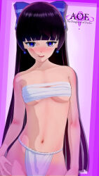  3d black_eyes black_hair bra breasts cbhm crotch_tattoo earrings long_hair panties ribbon shrine_maiden tattoo underwear unusual_pupils 