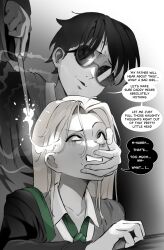    brain_drain draco_malfoy english_text eye_roll femsub genderswap glasses glatu greyscale hand_on_head harry_james_potter harry_potter_(series) light_skin long_hair magic magic_wand maledom open_mouth speech_bubble sunglasses text tie 