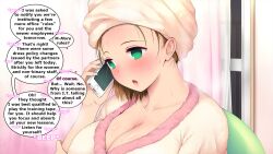 blush breasts brown_hair cell_phone femsub hypnotic_audio large_breasts lorese_(manipper) maledom manip open_mouth original pink_doragon robe short_hair subliminal sweat tech_control text towel unaware wet
