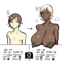 age_progression blonde_hair breasts brown_eyes brown_hair confused dark_skin feminization freckles huge_breasts instant_loss malesub nipples nude original race_change redmantis simple_background steam transformation transgender white_background yellow_eyes