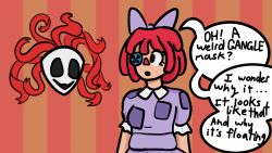  bondage collar comic confused defeated dialogue dress english_text female_only femsub floating gangle_(the_amazing_digital_circus) magic mask obeyandslay ragatha red_hair resisting restrained speech_bubble text the_amazing_digital_circus uniform 