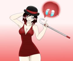   alternate_costume aura aware breasts cleavage clothed costume dress femsub glowing grey_eyes hat lazynekotto maledom possession red_hair roman_torchwick ruby_rose rwby short_hair smile tears thighs 