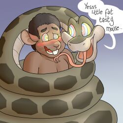  androgynous androgynous_dom blueballs blush buck_teeth coils forked_tongue furry happy_trance hypnotic_eyes kaa_eyes male_only malesub mouse_boy open_mouth original simple_background snake text tongue tongue_out topless 