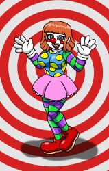 angie_(supertechno324) black_eyes clown clown_girl clownification female_only femsub gloves happy_trance hypnovember makeup original red_hair short_hair skirt spiral_eyes supertechno324