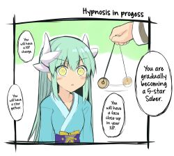  blush coin dialogue english_text eyebrows_visible_through_hair fate/grand_order fate_(series) femsub gameplay_mechanics green_hair hard_translated horns kimono kiyohime_(fate/go) long_hair open_mouth pendulum sen_astronomy simple_background spiral_eyes symbol_in_eyes text translated yellow_eyes 