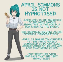  absurdres april_simmons_(gamingsm) belt blue_eyes blue_hair character_profile clothed english_text female_only femsub grey_background original pants pocket_watch ponytail pstash shirt shoes simple_background solo text unaware unhappy_trance 