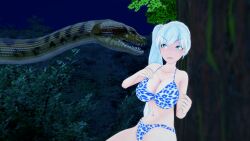 3d angry bikini blue_eyes breasts disney kaa large_breasts leopard_print lipstick long_hair makeup mmd mrkoiru outdoors pale_skin ponytail rwby silver_hair sitting snake surprised the_jungle_book trees weiss_schnee