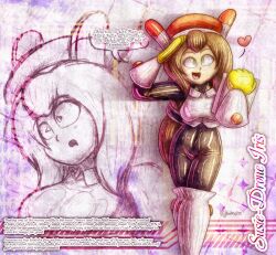  altered_common_sense alternate_costume ameerashourdraws antenna before_and_after beret boots brown_hair capcom color complex_background female_only fembot femdom femsub gloves green_eyes helmet iris_(megaman_x) kirby_(series) latex megaman_(series) megaman_x_(series) nintendo robot robot_girl saluting susie_(kirby) text traditional 