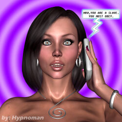  3d black_hair blue_eyes bracelet cell_phone collarbone earrings expressionless femsub hypnoman jewelry looking_at_viewer maledom milf necklace netorare open_mouth original phone sandra_(hypnoman) spiral_background tech_control text 