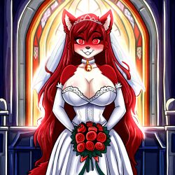 ai_art bell_collar blush breasts bridal_gauntlets bridal_veil cleavage collar collarbone female_only femsub flower furry huge_breasts looking_at_viewer novelai_(ai) original red_eyes red_hair red_skin smile solo spiral_eyes standing symbol_in_eyes toni-technaclaw toni_technaclaw very_long_hair wedding_dress