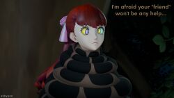  3d bangs coils dazed disney eh female_only femsub hair_ribbon jungle kaa kaa_eyes multicolored_hair persona_(series) persona_5 persona_5_royal ponytail purple_hair red_hair resisting restrained snake solo sumire_yoshizawa tank_top text the_jungle_book trees unfocused_eyes weak_resistance 