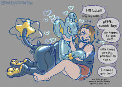 all_fours barefoot bodysuit brown_hair butt_plug chubby closed_eyes consensual costume dog_girl feet female_only femdom femsub freckles grey_background hair_covering_one_eye happy_trance legs meltyautumn open_mouth original pet_play pokemon ponytail rubber shinx shirt short_hair shorts simple_background sitting smile tail text transfem transgender_identity