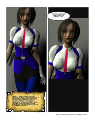  3d belt brown_hair clothed comic dialogue english_text femsub gloves green_eyes hypnovideo lipstick police_uniform policewoman shirt short_hair smile text tie weapon 
