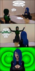 3d absurdres blue_hair breasts chloe_ducer_(theheckle) comic dialogue female_only femdom femsub green_eyes green_hair ms_mer_(theheckle) original text theheckle