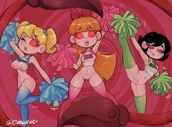 absurdres blossom bottomless breasts bubbles buttercup cheerleader corgixnc femsub him_(powerpuff_girls) multiple_girls powerpuff_girls pussy pussy_juice spiral_background spiral_eyes standing_split thighhighs