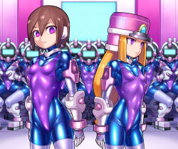  aile ash blonde_hair bodysuit boots bracers breasts brown_hair capcom collar corruption dronification empty_eyes enemy_conversion female_only haigure hat helmet leotard long_hair looking_at_viewer megaman_(series) megaman_zx monitor multiple_girls prairie_(megaman) purple_eyes short_hair small_breasts thighhighs 
