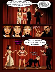 ai_art altered_common_sense black_hair blonde_hair bodysuit brown_hair cat_ears cat_girl cheerleader clothed comic crop_top crown egyptian english_text expressionless feet femsub fortunadoe_(generator) halloween long_hair maledom midriff multiple_girls multiple_subs navel open_mouth pet_play ponytail short_hair shrunken_irises skirt smile smirk speech_bubble stage_hypnosis text