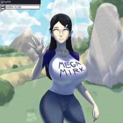  black_hair clothed female_only gameplay_mechanics hair_clips large_breasts long_hair looking_at_viewer mahoumonsterart shirt 