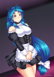  blue_hair breasts empty_eyes expressionless female_only femsub full_metal_panic! hadant hair_ribbon kaname_chidori large_breasts long_hair maid ribbon signature simple_background solo standing standing_at_attention watermark 
