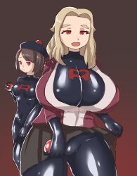 blonde_hair bodysuit breasts brown_hair catsuit crossed_eyes dead_source enemy_conversion female_only femsub gloria_(pokemon) glowing_eyes hat huge_breasts kurykury large_breasts lass_trainer_(pokemon) latex long_hair looking_at_viewer multiple_girls multiple_subs nintendo open_mouth pokemon pokemon_sword_and_shield red_eyes rubber short_hair simple_background skirt skirt_lift small_breasts team_rocket tight_clothing
