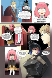  absurdres anya_forger black_hair blonde_hair blue_hair blue_lipstick breasts chair closed_eyes clothed comic corset dialogue english_text father_and_daughter glatu gloves green_eyes hand_on_hip hat large_breasts lipstick loid_forger makeup netorare pink_hair purple_eyes red_eyes shoes short_hair shrunken_irises sitting speech_bubble spy_x_family stage_hypnosis suit tears text thought_bubble tiptoes 