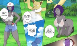 comic dc_comics deckman dialogue femsub grey_skin kneeling pokemon pokemon_(creature) purple_hair raven spiral_eyes teen_titans text